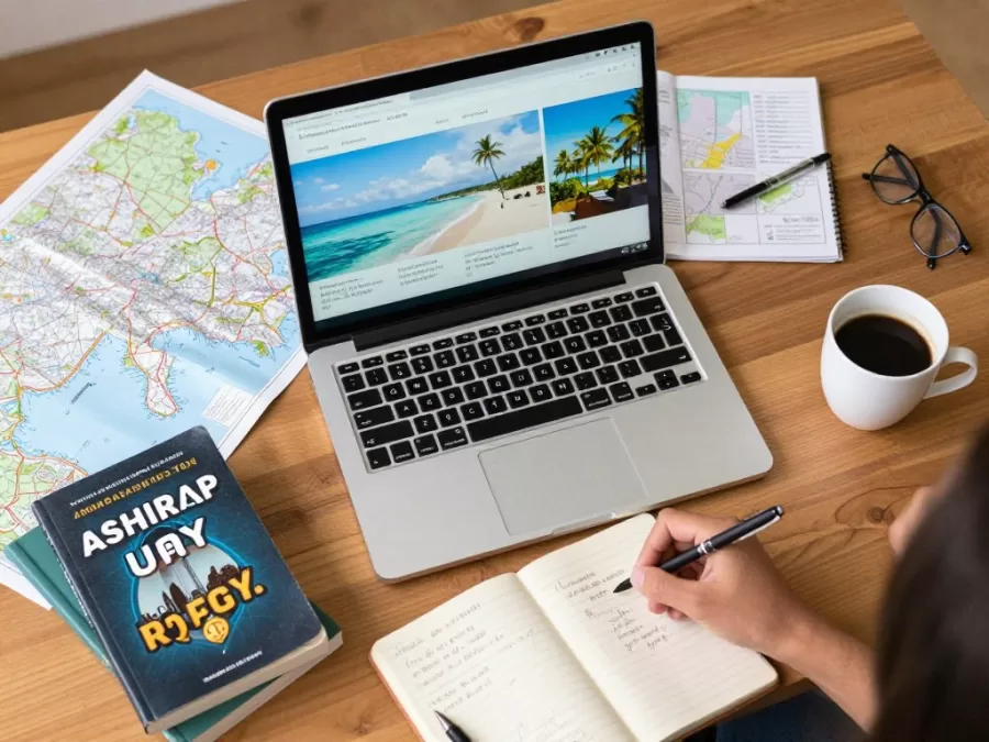Person researching travel destinations on laptop with maps and guidebooks spread on table