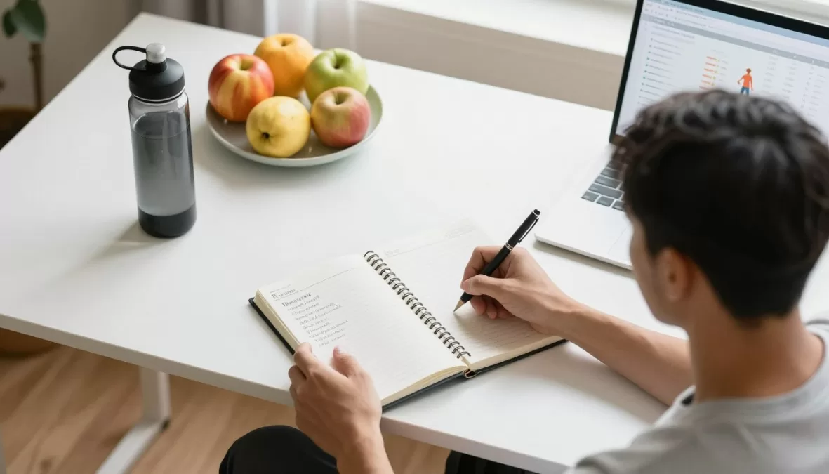 Person writing fitness goals in journal with workout plan and healthy meal prep