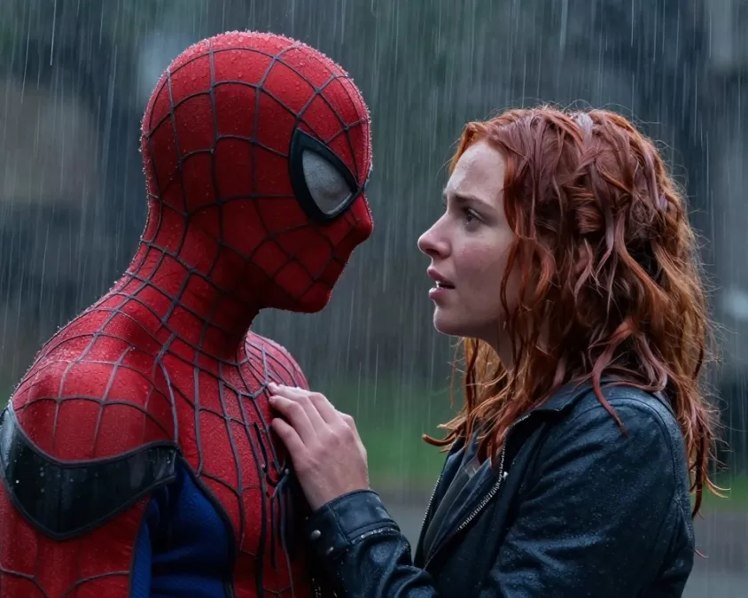 Peter Parker and Mary Jane Watson sharing an emotional moment