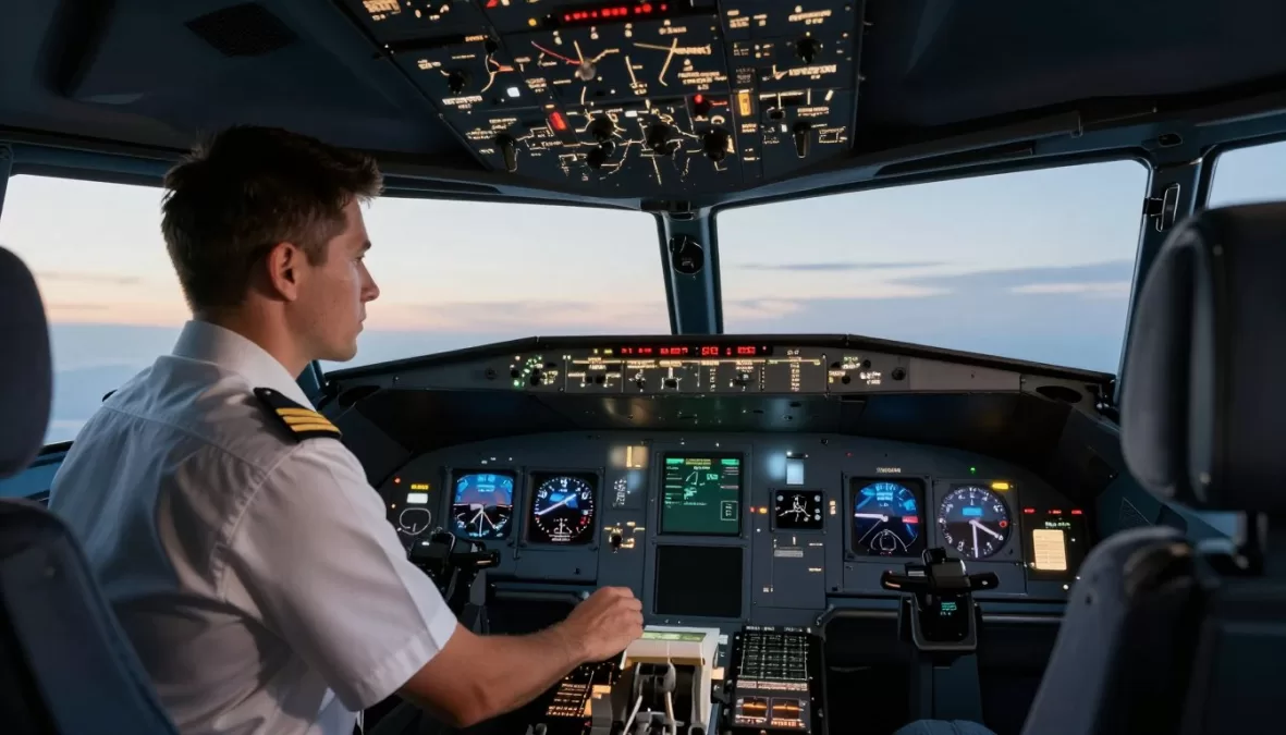 Pilot in cockpit conducting pre-flight checks