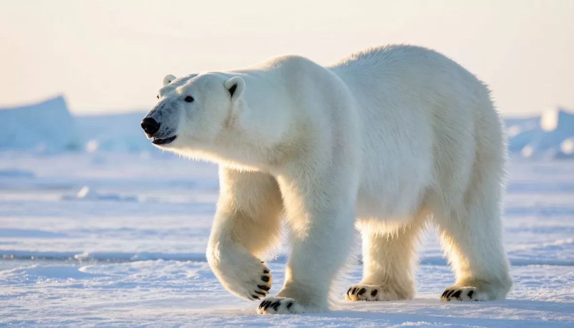 Polar bear on Arctic ice showing powerful jaw structure and white fur coat