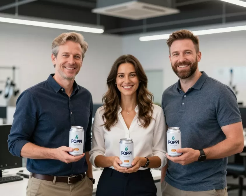 Poppi brand founders showcasing product line and company growth story