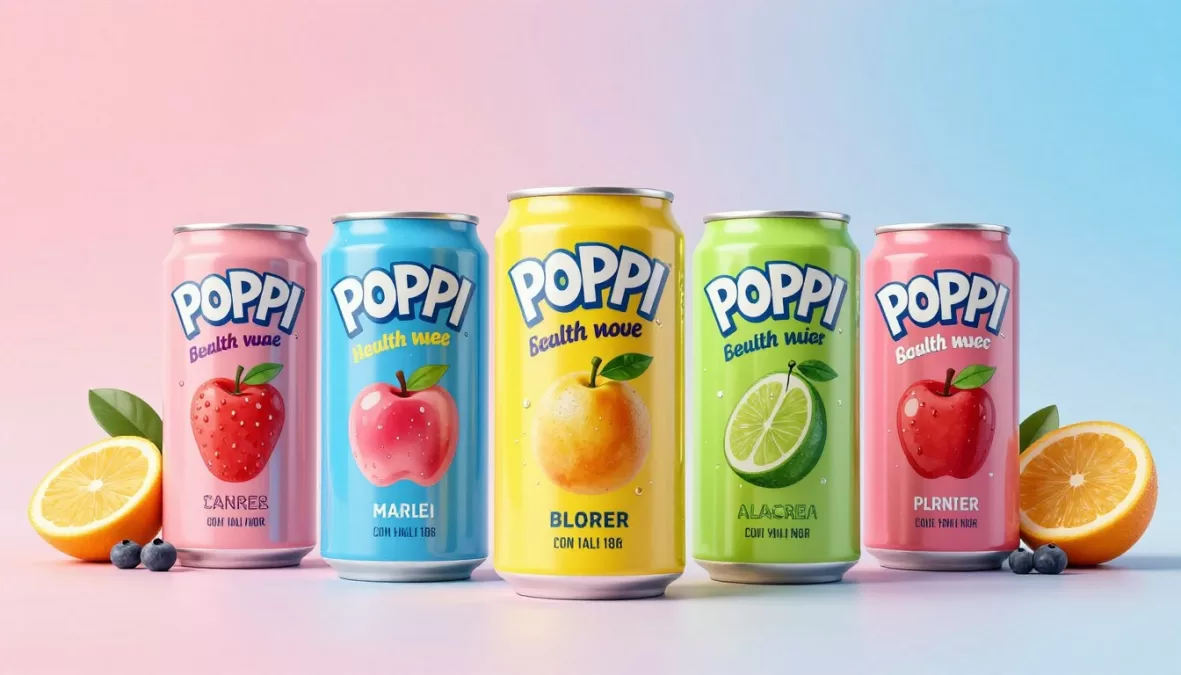 Poppi prebiotic soda cans with colorful fruit flavor designs