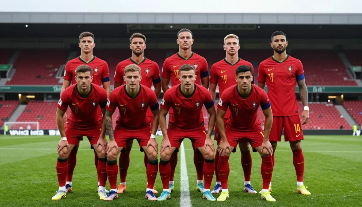 Portugal national soccer team in red jerseys during world cup qualification
