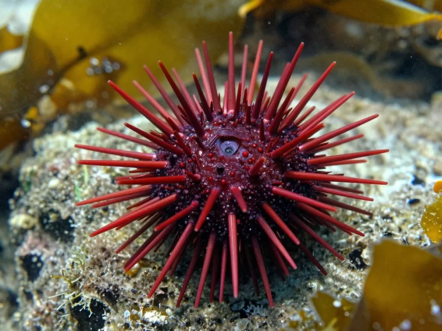 Red sea urchin on rocky ocean floor showing spines and longevity adaptation