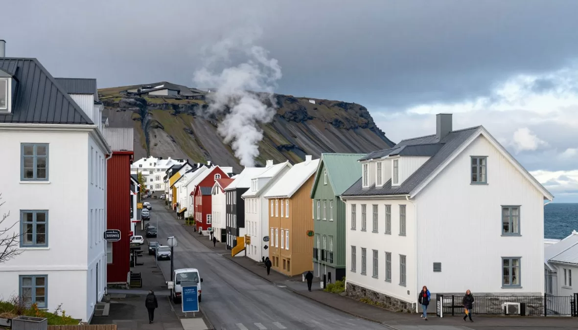 Reykjavik cityscape with geothermal features and clean Nordic architecture