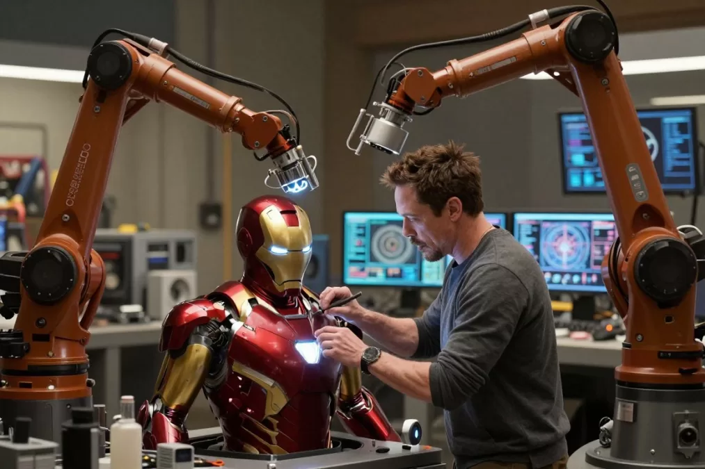 Robert Downey Jr. as Tony Stark working in his workshop surrounded by technology
