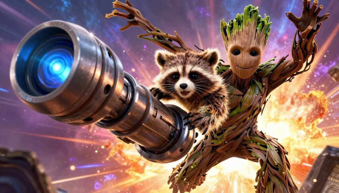 Rocket Raccoon and Groot working together during an action scene
