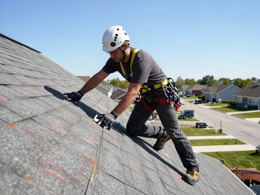 Roofer installing shingles on steep residential roof
