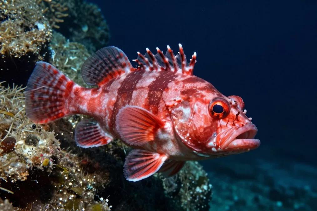 Rougheye rockfish in deep ocean habitat showing characteristic rough eye features