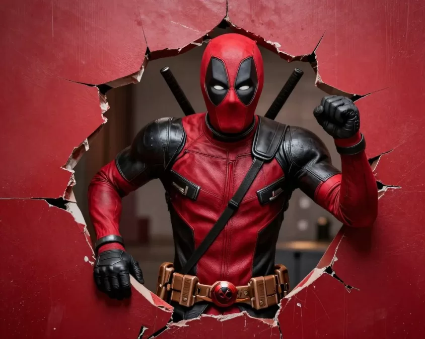Ryan Reynolds as Deadpool in his red suit making a comedic gesture