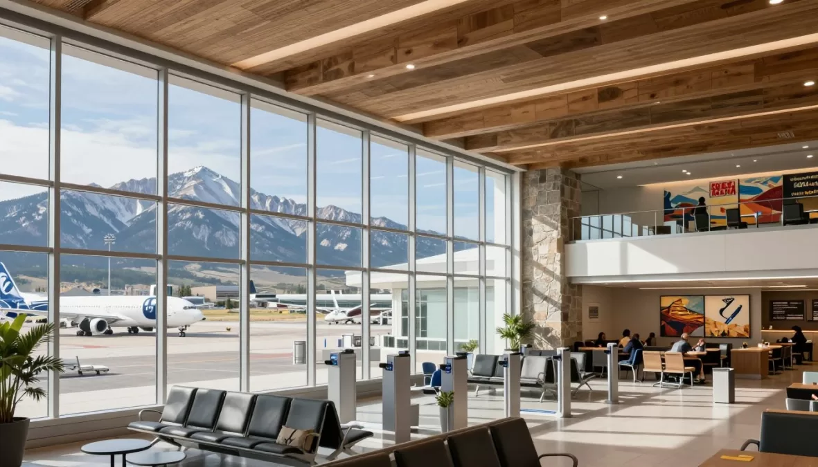 Salt Lake City Airport new terminal with mountain views and modern sustainable design featuring natural materials