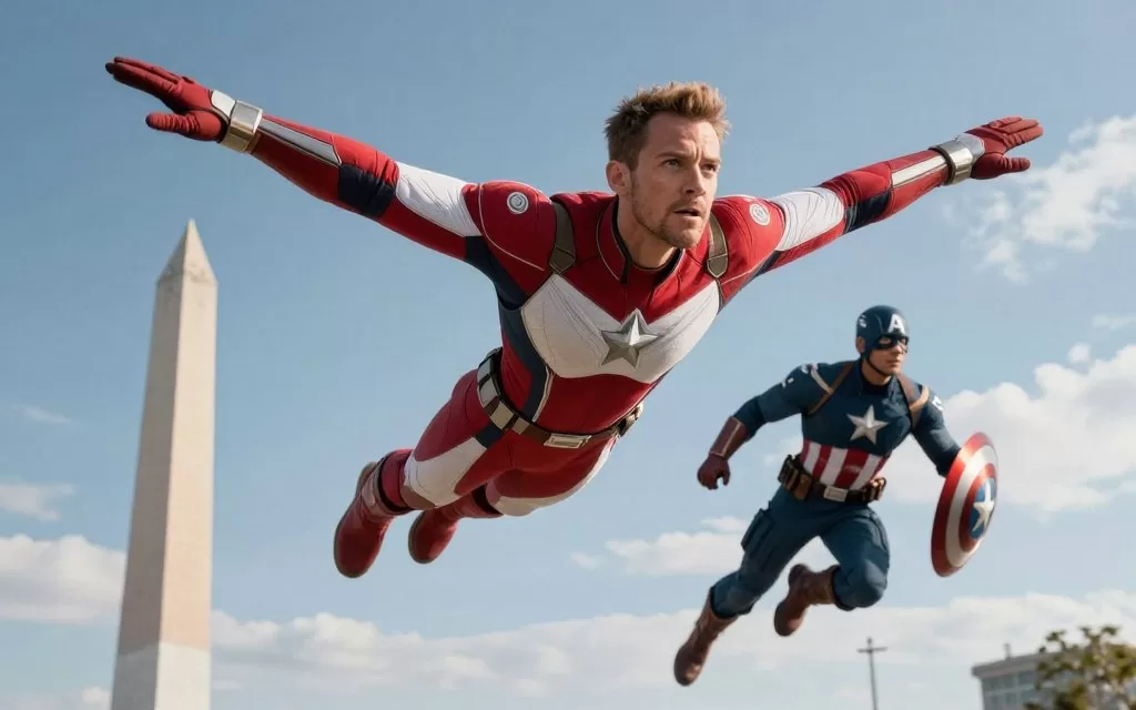 Sam Wilson as Falcon in his wing suit flying alongside Captain America