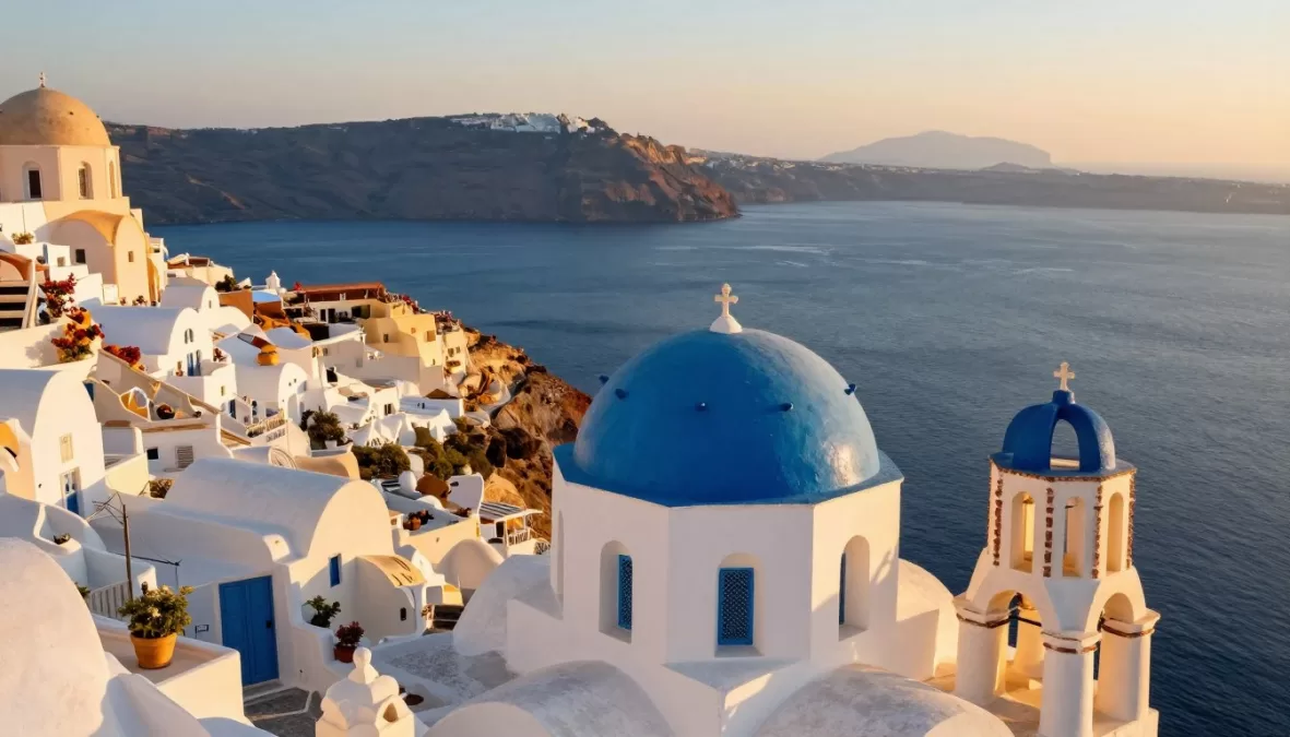 Santorini white buildings and blue domes overlooking the caldera at sunset