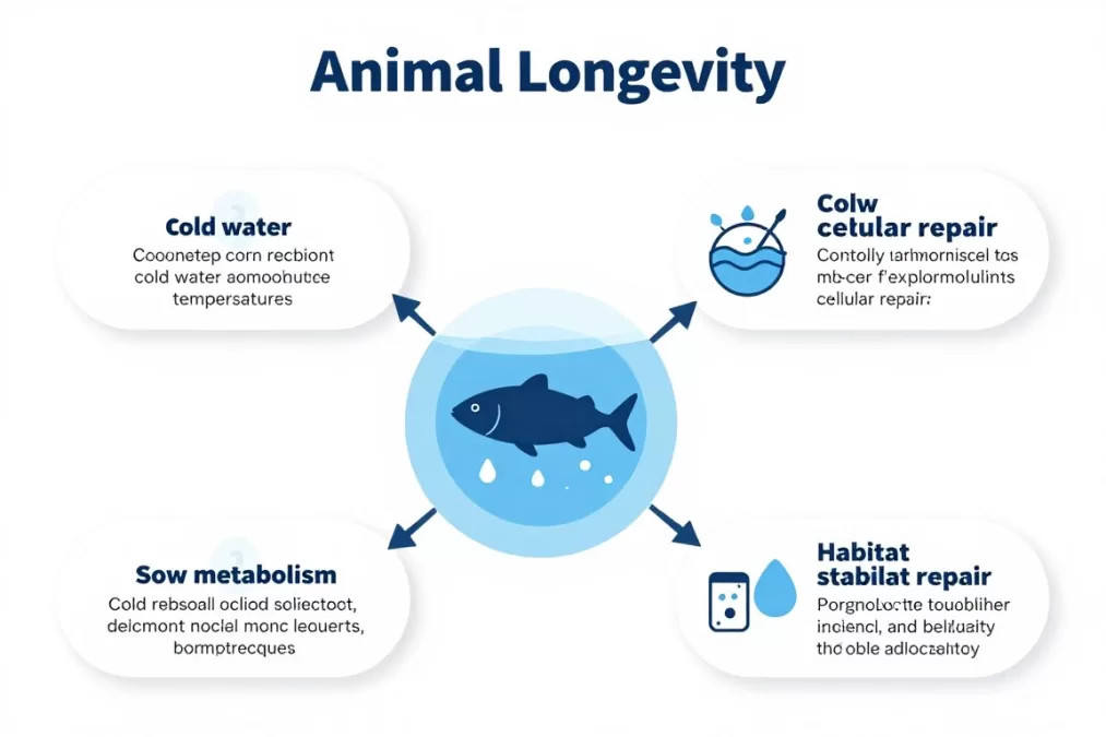 Scientific diagram showing factors contributing to animal longevity and long life