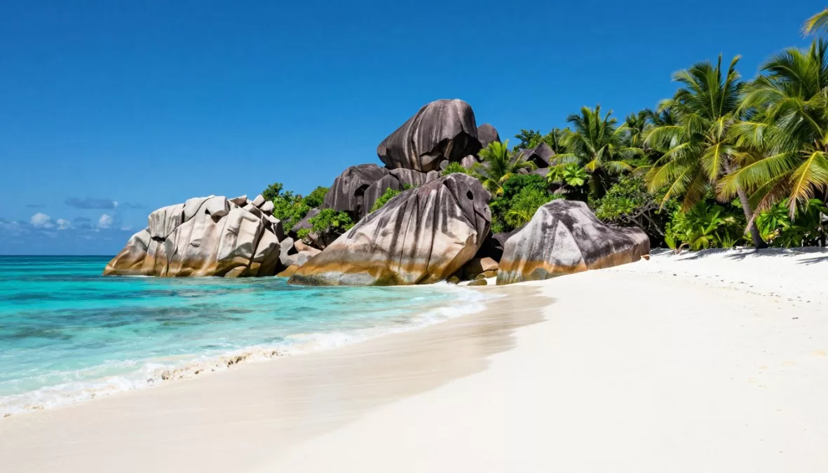 Seychelles granite boulders on white sand beach with turquoise water