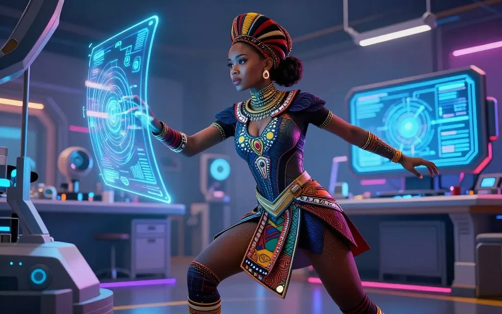 Shuri in her laboratory surrounded by holographic technology