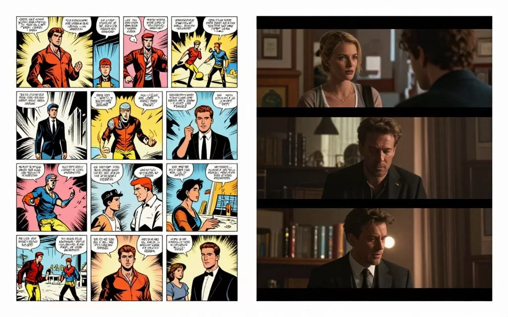 Side by side comparison of comic book panels and film scenes showing faithful adaptation