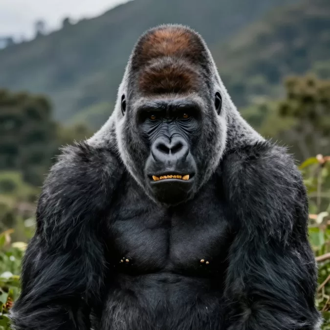 Silverback gorilla displaying impressive canine teeth and jaw muscles