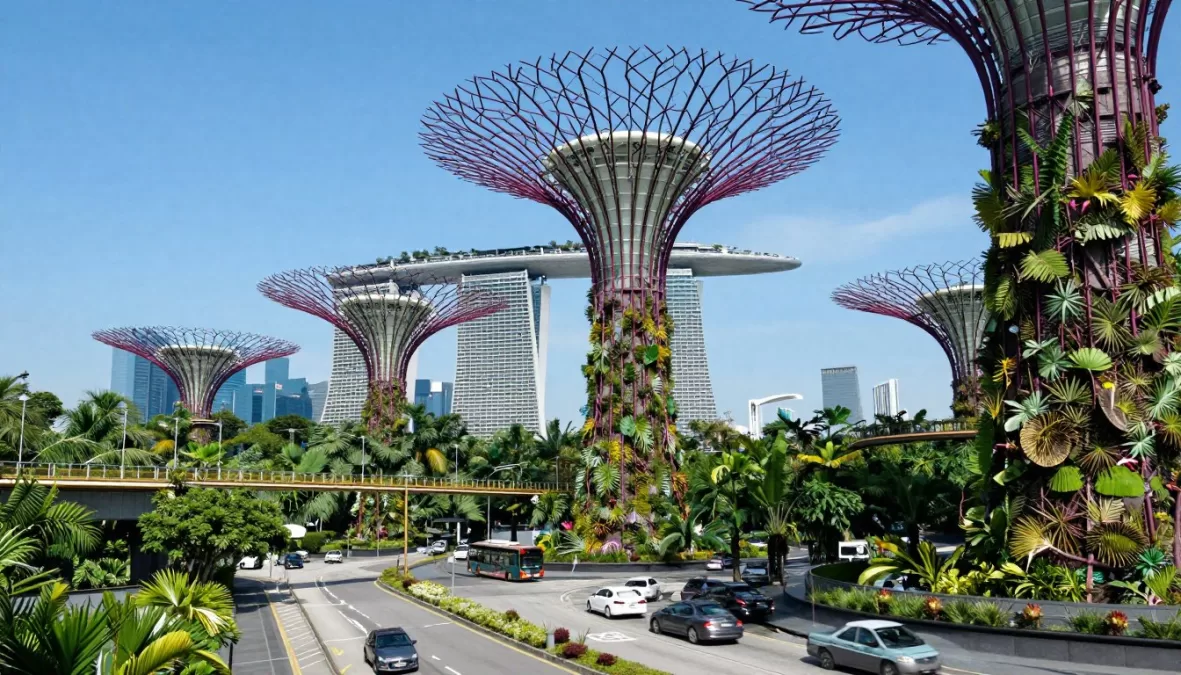 Singapore skyline with Gardens by the Bay and modern sustainable architecture