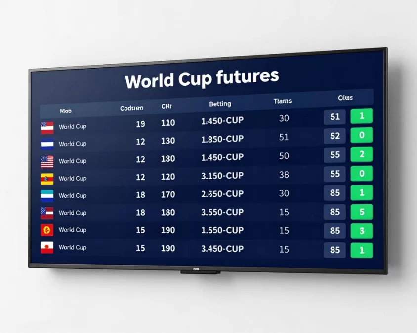Soccer betting odds board showing world cup futures and team prices