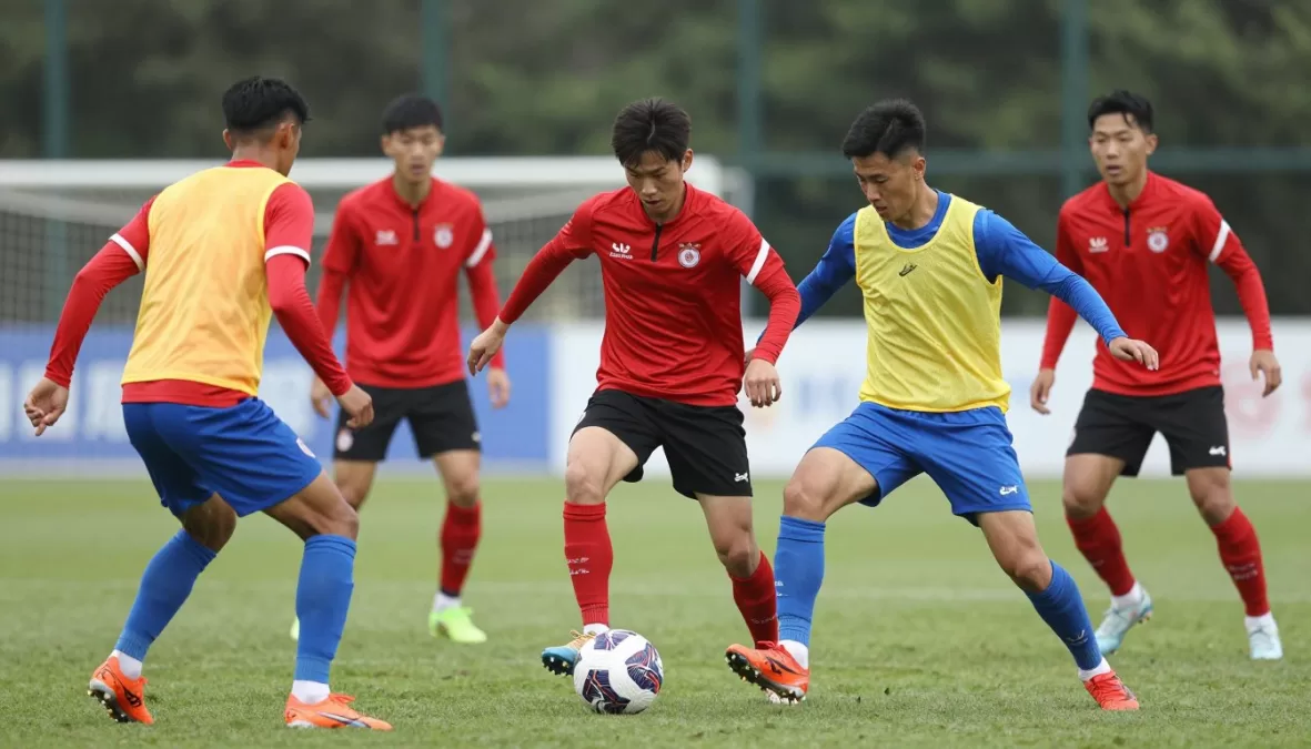 Soccer players demonstrating high pressing tactics during world cup training