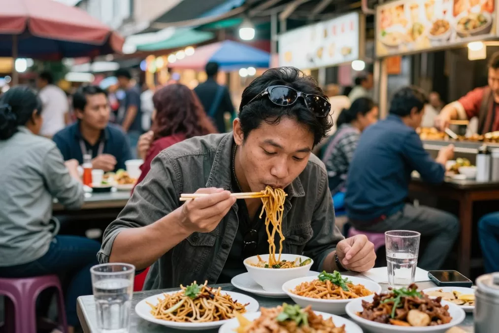 Solo traveler confidently dining at local street food market