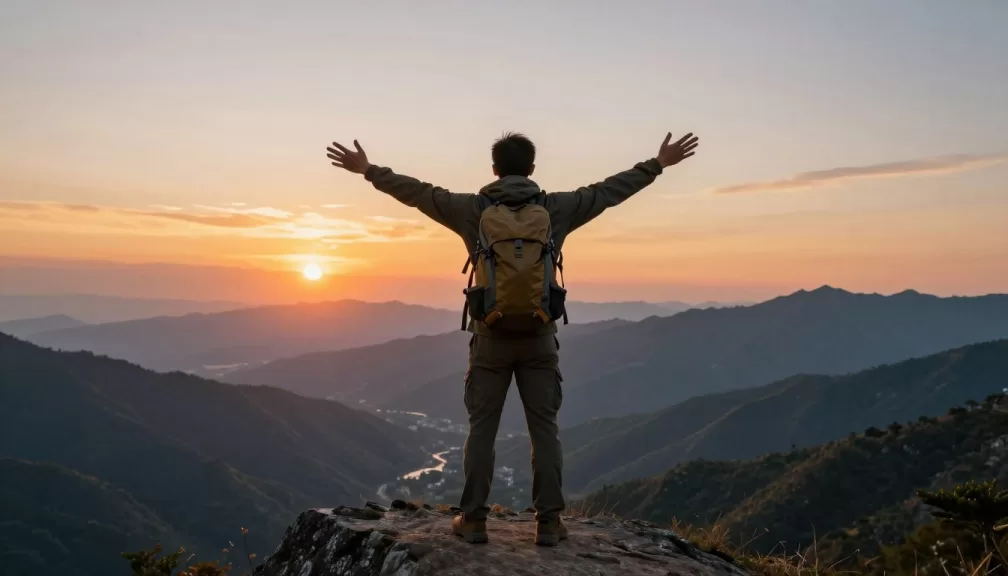 Solo traveler standing on mountain peak overlooking vast landscape with backpack