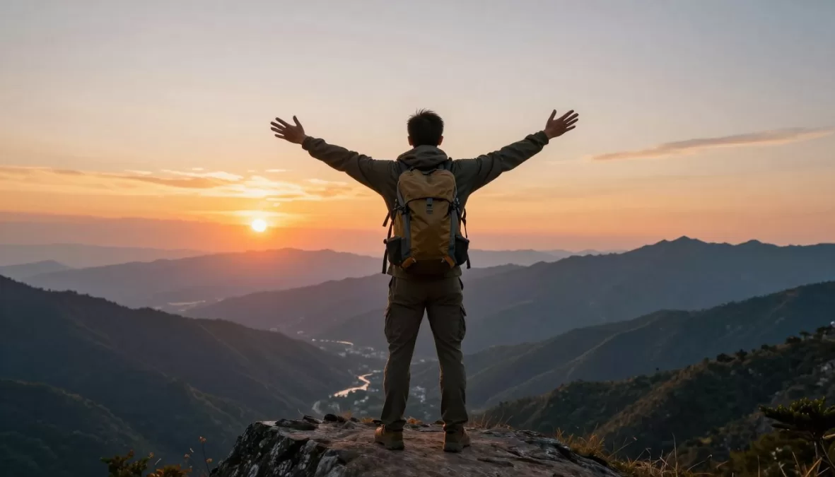 Solo traveler standing on mountain peak overlooking vast landscape with backpack