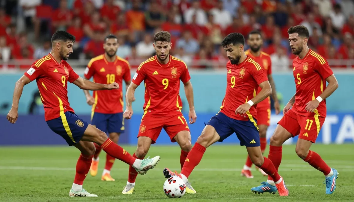 Spain national soccer team players in red jerseys passing ball during world cup