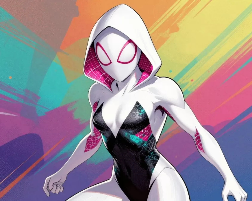 Spider-Gwen in her white and pink suit with her hood up
