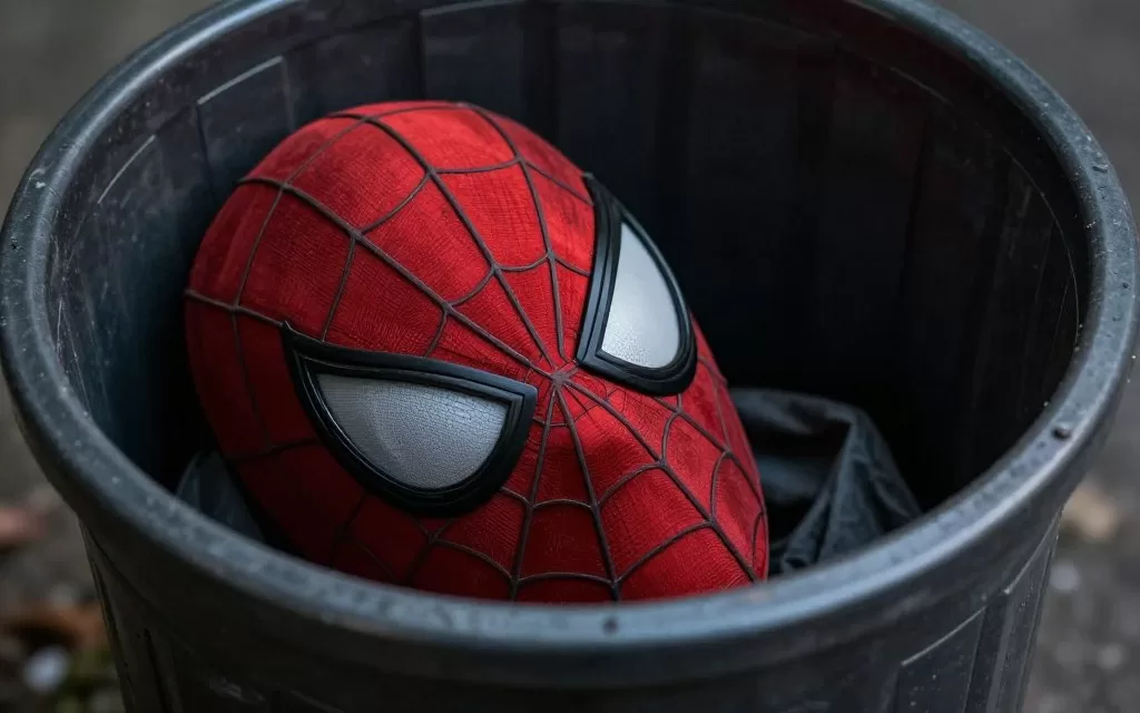 Spider-Man mask hanging abandoned representing Peter giving up his identity