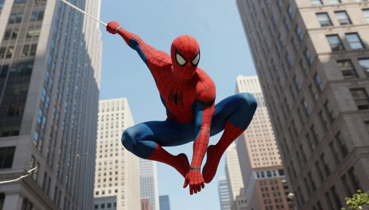 Spider-Man swinging through New York City between skyscrapers