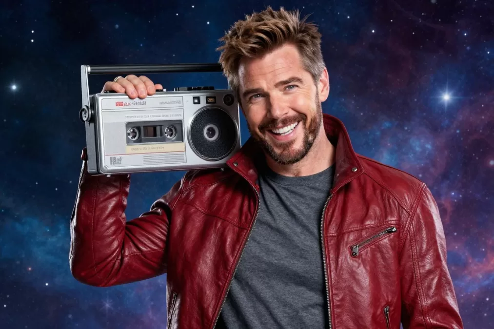Star-Lord Peter Quill in his iconic red leather jacket with Walkman