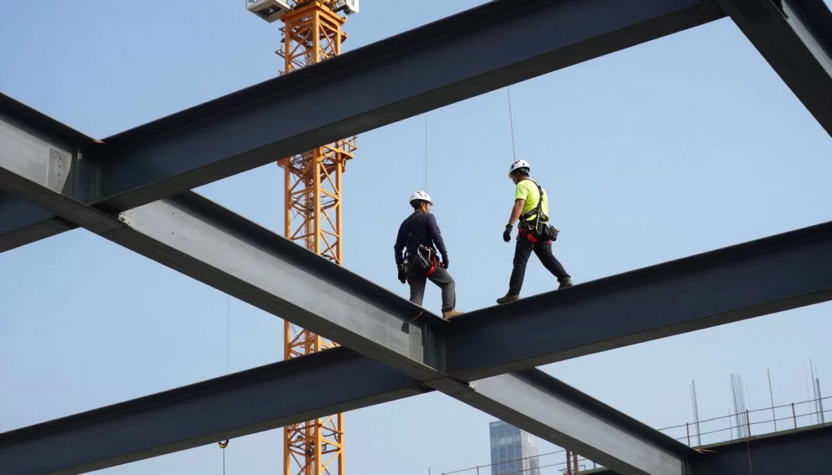 Steel workers on high beams of skyscraper construction