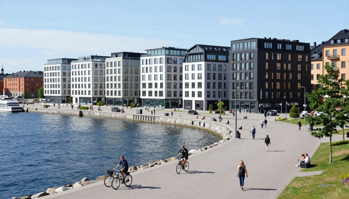 Stockholm waterfront with clean modern buildings and sustainable urban design