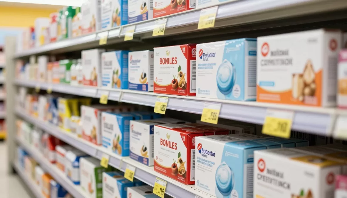 Store shelf displaying private label products alongside national brands