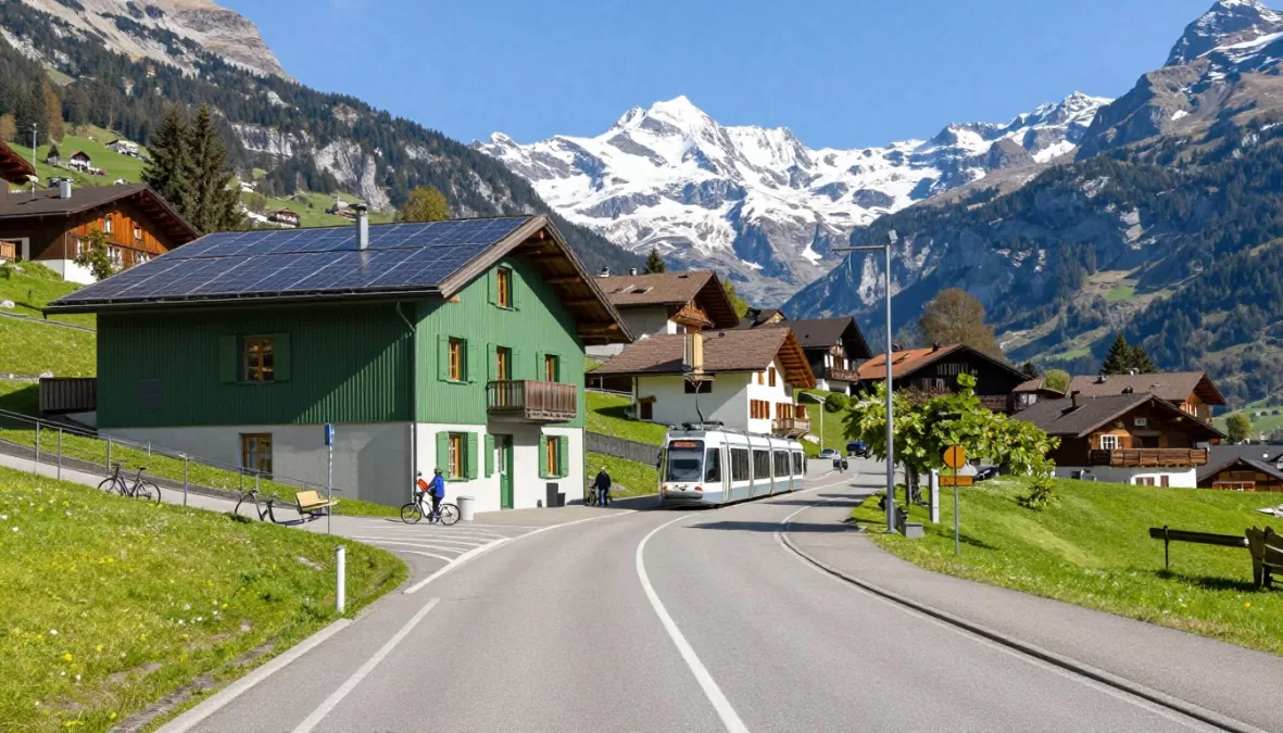 Swiss city with clean streets, mountains in background, and sustainable infrastructure