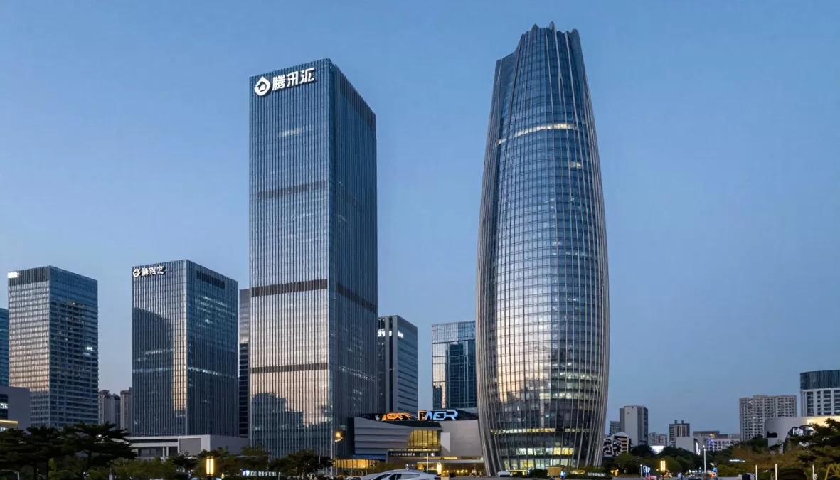 Tencent entertainment company headquarters building in Shenzhen China with technology branding