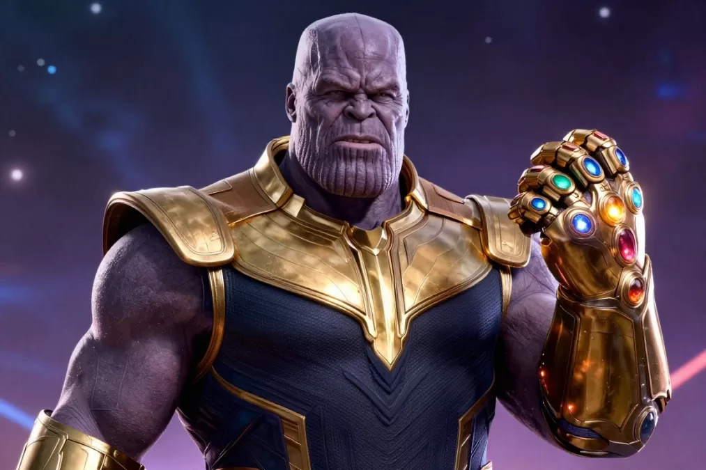 Thanos wielding the Infinity Gauntlet with glowing stones