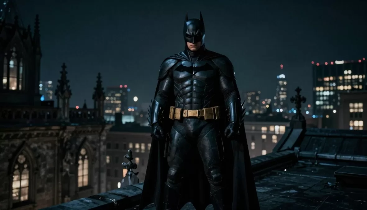 The Dark Knight featuring Batman standing on a Gotham rooftop with the city skyline behind him