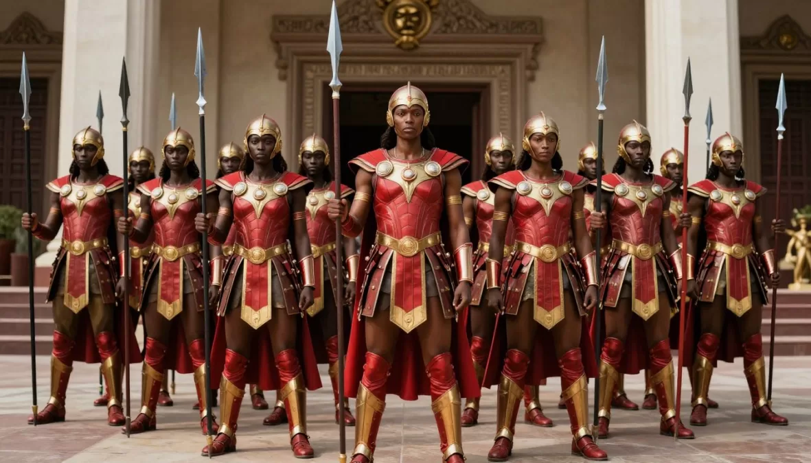 The Dora Milaje warriors in their red armor standing in formation