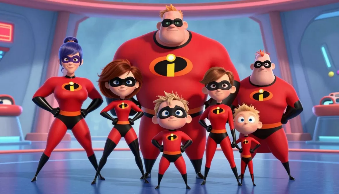 The Incredibles family in their superhero suits standing together