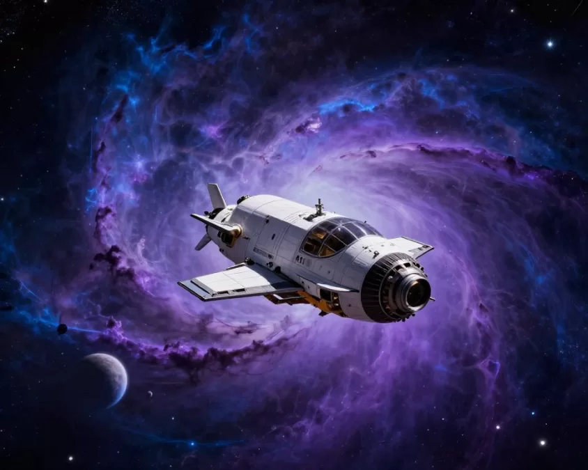 The Milano spaceship flying through colorful cosmic nebula