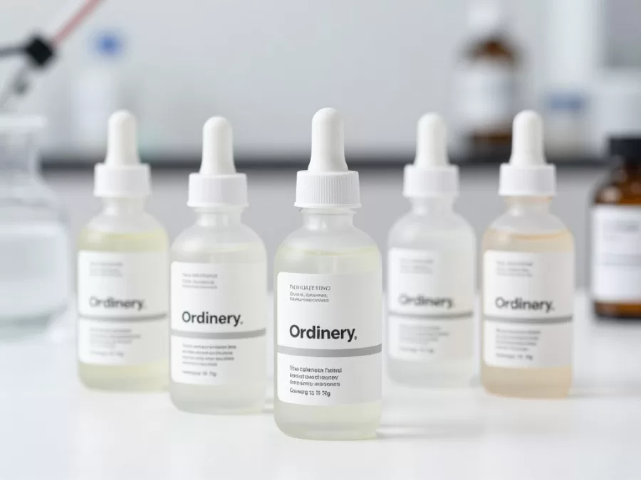 The Ordinary skincare products with minimalist packaging and ingredient labels