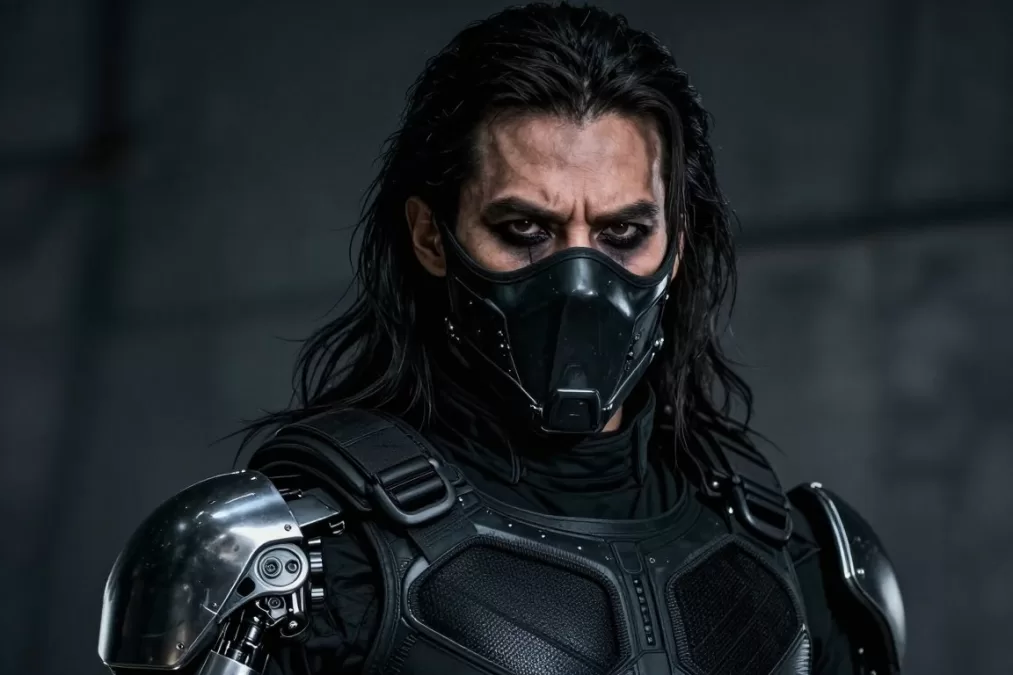 The Winter Soldier masked assassin with metal arm and intense stare