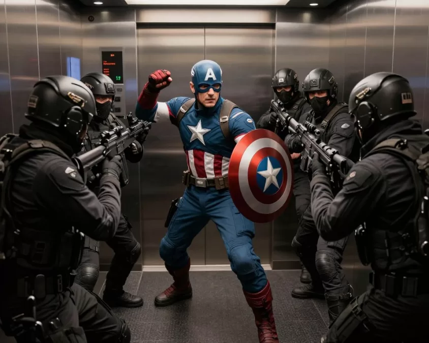 The iconic elevator fight scene with Captain America surrounded by HYDRA agents