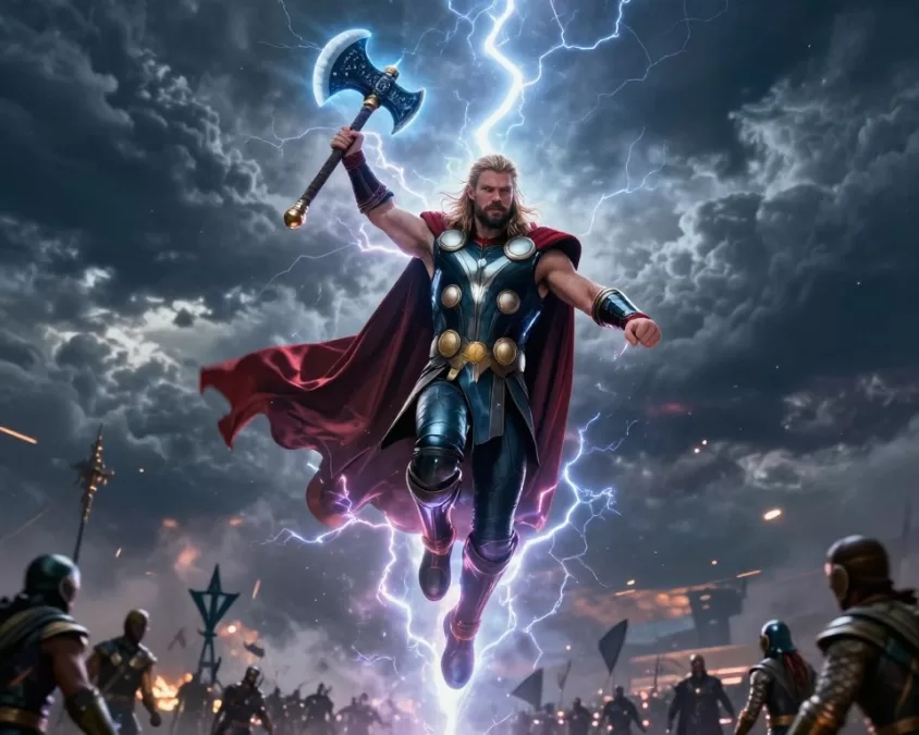 Thor arriving in Wakanda with Stormbreaker surrounded by lightning