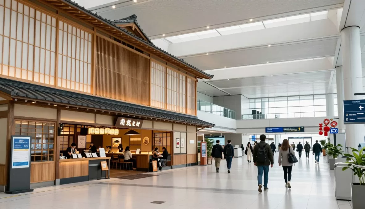 Tokyo Haneda Airport terminal interior showing traditional Japanese design elements blended with modern efficiency
