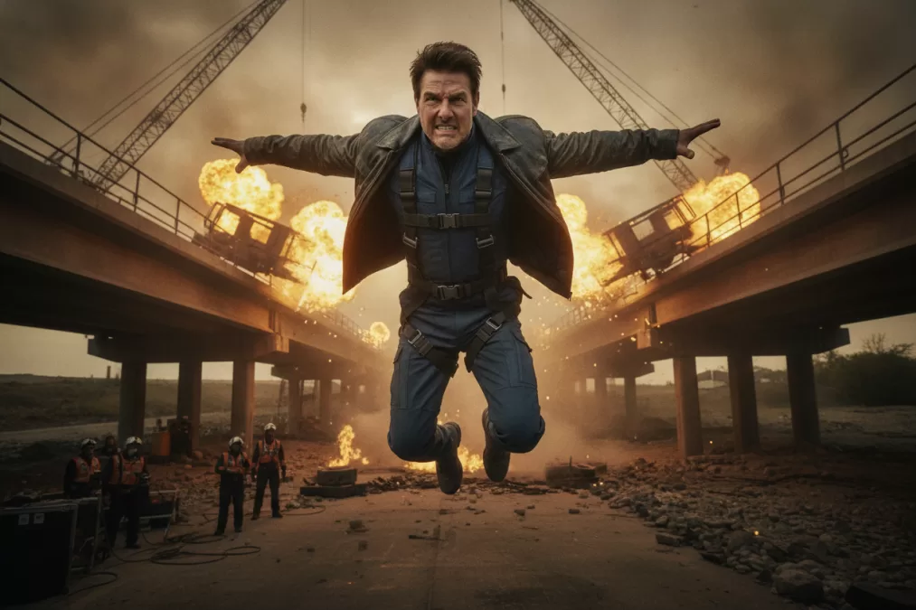 Tom Cruise performing action stunts representing his continued box office dominance